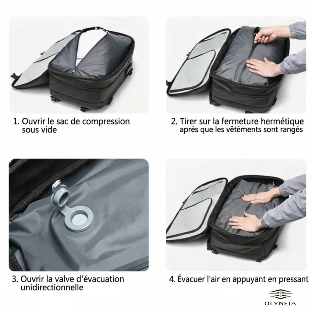 Compression sous vide 4 étapes sac cabine 35L Escale — valve hermétique et pompe USB — Olyneia