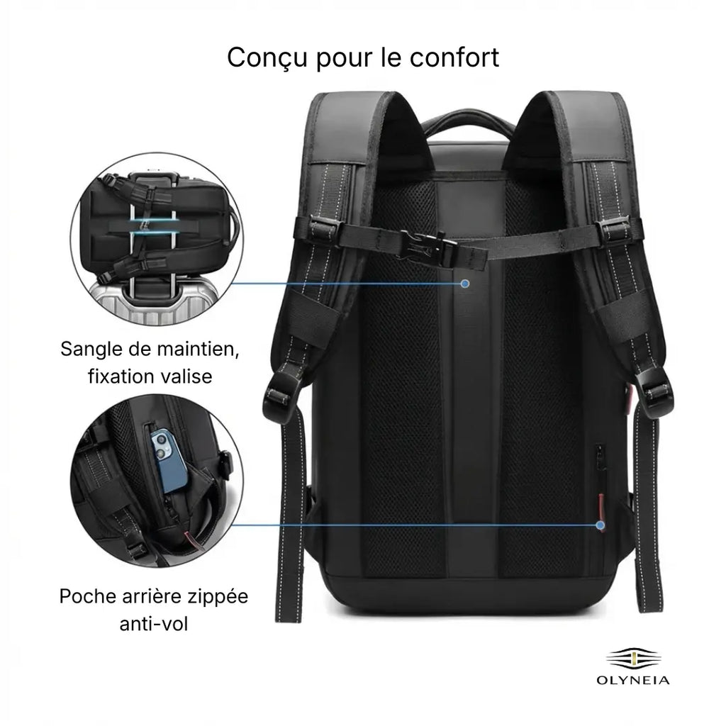 Dos ergonomique sac cabine Olyneia Voyageur Pro — sangle maintien valise poche anti-vol zippée
