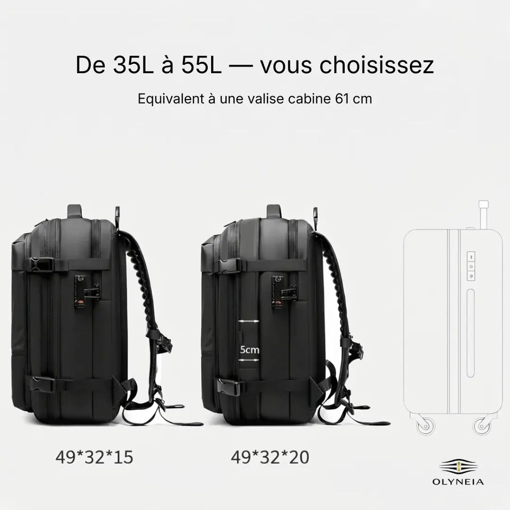 Sac cabine Olyneia Voyageur Pro capacité extensible 35L à 55L équivalent valise cabine 61 cm