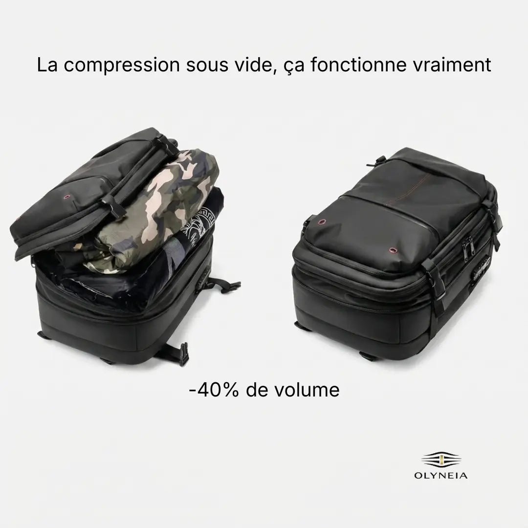 Sac à dos compression sous vide Olyneia Voyageur Pro avant et après compression — réduction volume 40%