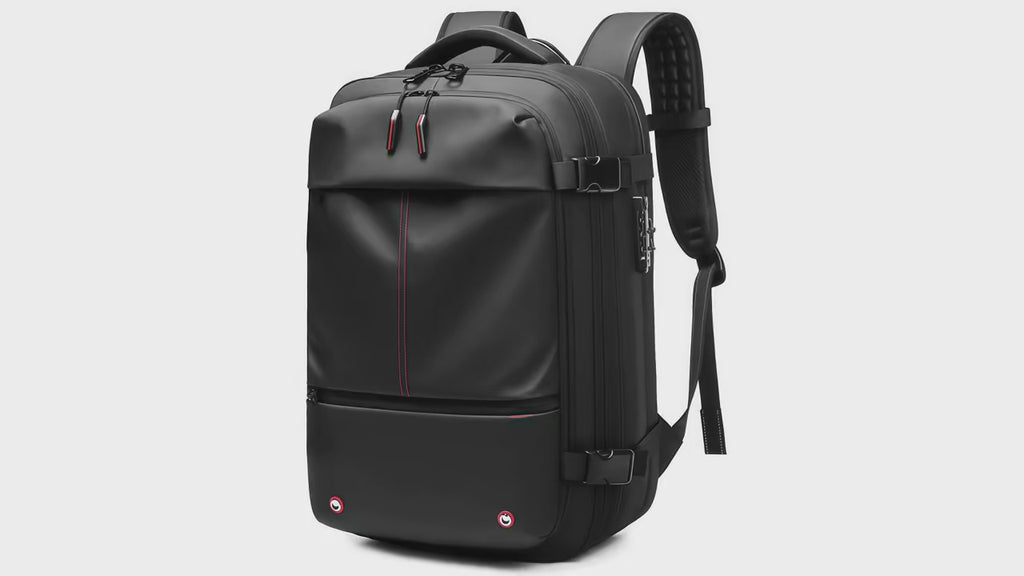 Présentation sac cabine Olyneia Voyageur Pro compression sous vide — compartiments rangement et bretelles ergonomiques