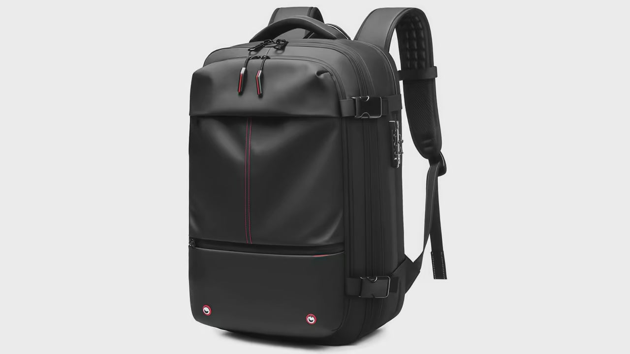Présentation sac cabine Olyneia Voyageur Pro compression sous vide — compartiments rangement et bretelles ergonomiques