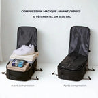 Avant et après compression du sac cabine Olyneia 40×30×20 – gagnez jusqu’à 40 % d’espace et évitez les frais de bagages.