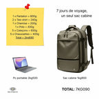 Exemple de chargement du Voyageur Pro : 2,69 kg de vêtements, un ordinateur de 2,5 kg et le sac de 1,9 kg, soit 7,09 kg au total.