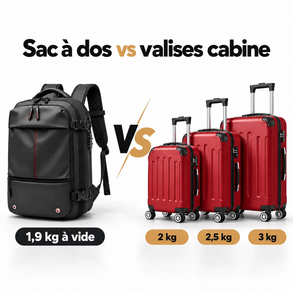 Voyageur Pro de 1,9 kg à vide comparé à trois exemples de valises cabine de 2 kg, 2,5 kg et 3 kg.